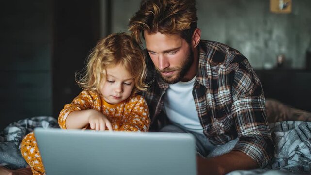 Father and daughter engaged in productive work session on a laptop in a cozy bedroom during a quiet afternoon