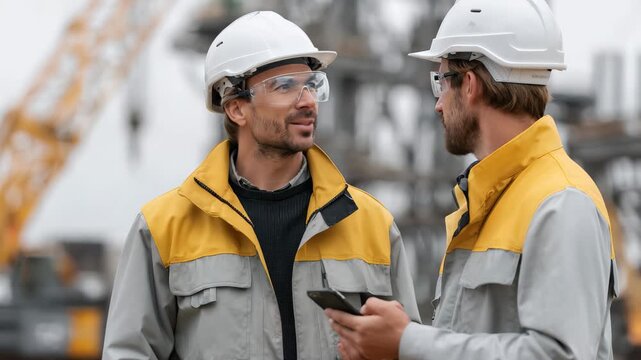 Civil engineers discuss project details at a construction site in the morning, reviewing plans and inspecting ongoing work for quality assurance and safety compliance