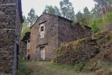 Crumbling house alone in green field