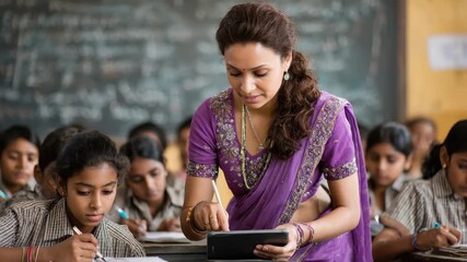 Indian female teacher assists student with tablet during classroom activity in an educational setting - Powered by Adobe