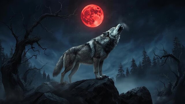 Majestic Wolf Howling Under a Blood Moon in the Night