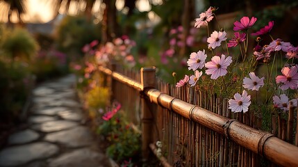 Cottage garden path with rustic fence high resolution picture