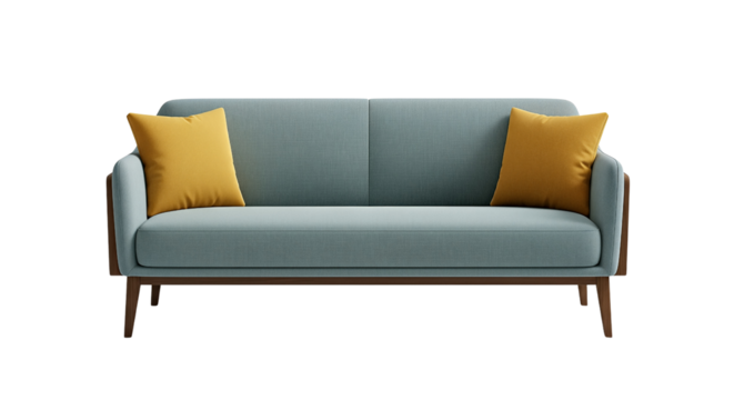 A modern light blue sofa with two yellow pillows on a white background.