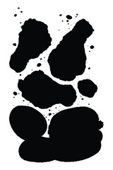 Collection of black ink splatters and irregular shapes on white abstract blob