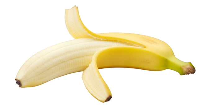 A ripe, yellow banana with its peel partially removed, showcasing the fresh, creamy fruit, perfectly isolated on a clean transparent background, ready for consumption