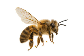 Honey bee with pollen baskets flying, a crucial pollinator insect on transparent background