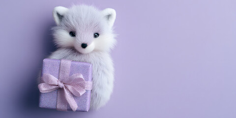 Cozy Minimalist Flat Lay Featuring Charming Arctic Fox Plush Toy Amid Festive Christmas Decor