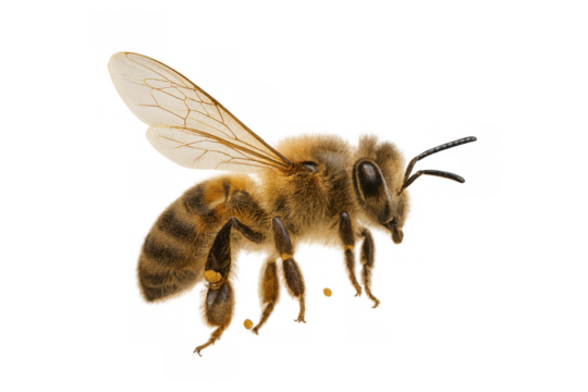 Honey bee with pollen baskets flying, a crucial pollinator insect on transparent background