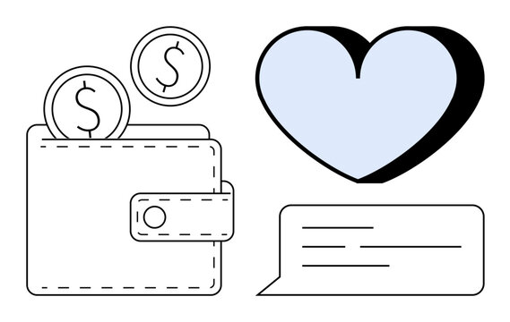 Wallet with coins, blue heart, and chat bubble emphasizing charity, financial support, donations, online payments, communication, economic relationships, and compassion in a simple flat metaphor - Powered by Adobe