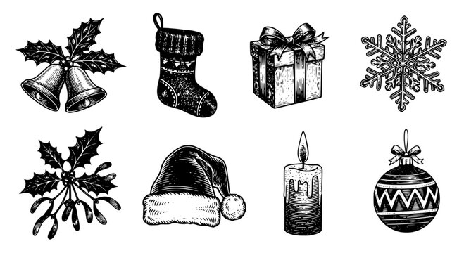 Vintage hand-drawn Christmas holiday elements set including bells, stocking, gift, snowflake, holly, mistletoe, Santa hat, candle, and bauble.