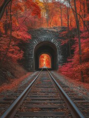 Fototapeta premium Vibrant Autumn Colors Surround a Railroad Tunnel in a Serene Forest Setting