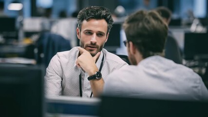 Businessman engages in meaningful discussion with colleague in a modern office setting during working hours