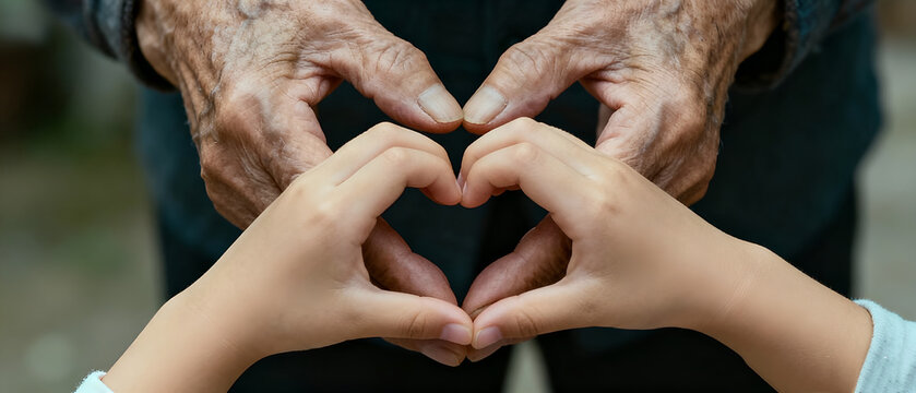 Grandparent and grandchild hands making heart shape, World Cancer Day, showing love and support for cancer patients