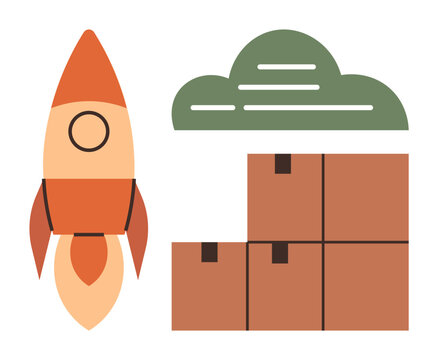 Rocket symbolizing progress beside stacked boxes and a cloud. Ideal for startup, innovation, logistics, creativity, transportation, growth, e-commerce themes. Simple flat metaphor