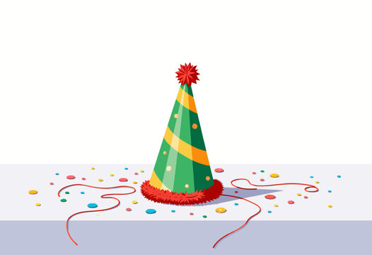 Colorful festive party hat on a table surrounded by vibrant confetti and ribbons, symbolizing a joyful and celebratory atmosphere perfect for any occasion