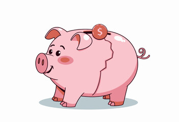 Fototapeta premium Illustrated pink piggy bank with shiny coin slot and inserting golden coin, symbolizing savings and financial investment on clean white background