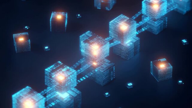 Exploring digital blockchain concepts with isometric designs representing interconnected blocks and data flow in a futuristic environment