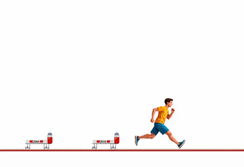 Fototapeta premium Man Sprinting on Track with Determination and Energy Accompanied by Series of Hurdle-like Obstacles in a Minimalist Athletic Setting