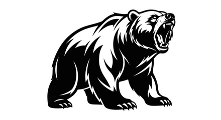 Roaring bear illustration in black and white aggressive animal.