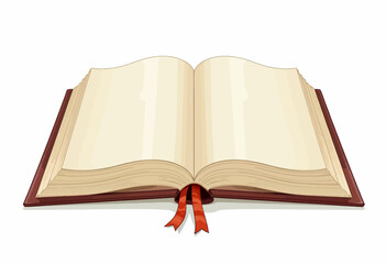 Open Book with Blank Pages and Red Ribbon Bookmarks on Blank White Background Perfect for Customization