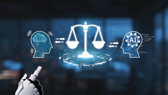 The image illustrates the dynamic relationship between human intelligence and artificial intelligence, emphasizing the evolving nature of justice in the digital age. Synapse