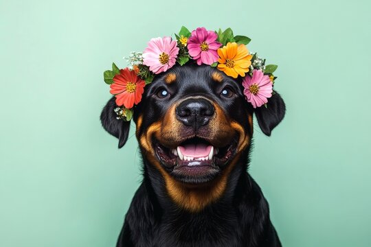 Cute baby dog poodle wearing fierce flower crown on its head - symbol of sunny vacation time. Professional studio snapshot. Isolated pure white background, copy space, promotion creative layout.