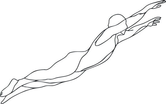 Minimalist line art vector illustration of a swimmer in dynamic motion, ideal for fitness and wellness branding.