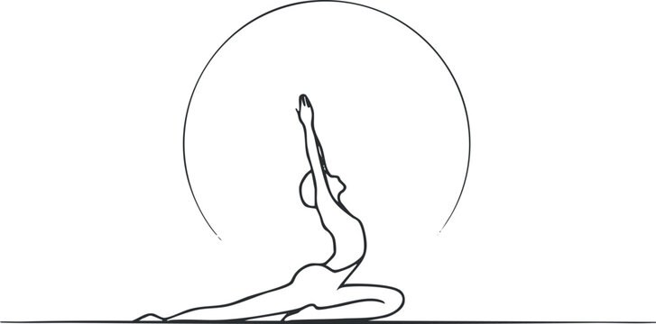 Elegant minimalist line art illustration of a yoga pose with a circular backdrop, ideal for wellness and fitness branding - Powered by Adobe