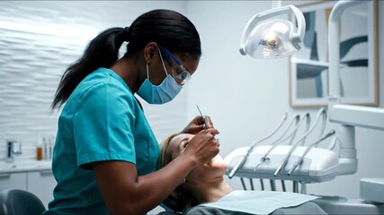 Dental Exam by African American Dentist on Caucasian Woman in Bright Clinical Setting with Modern Equipment and Surgical Mask Protective Eyewear Professional Dentistry Hygiene Healthcare