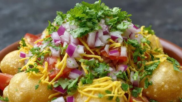 A close-up shot showcases a vibrant and appetizing savory dish, presented in a rustic bowl. Golden, fried pastry shells form the base, generously topped with a colorful medley of freshly diced red oni