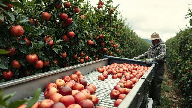 A dedicated worker carefully harvests a bounty of ripe apples from the orchard. The image showcases the dedication involved in fruit cultivation, evoking a sense of seasonal abundance.