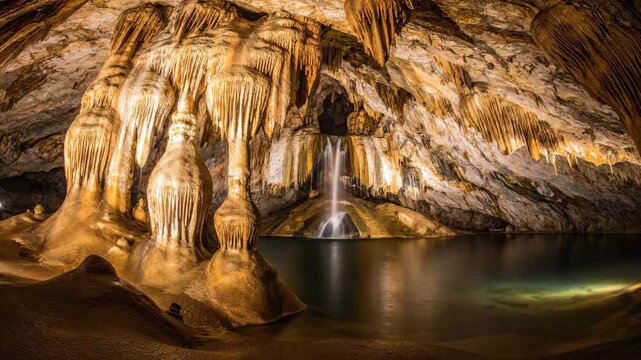 Spectacular cave with stalactites, lake, and waterfall feature
