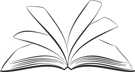 Outline vector illustration of an open book with pages fanned out, ideal for educational and literary designs