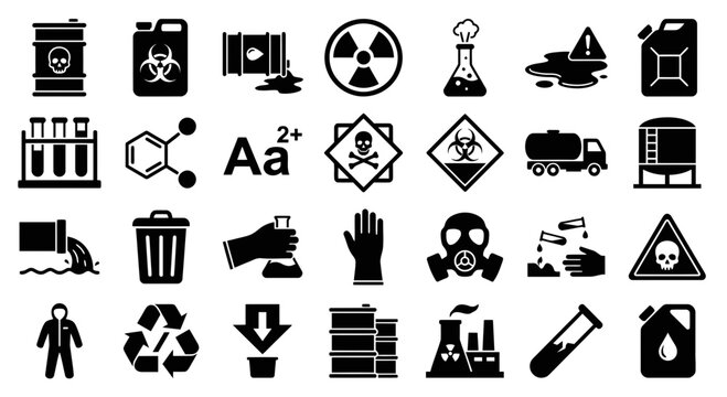Icon set of hazard symbols and safety signs in black and white style