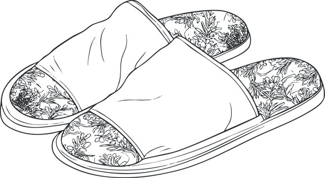 Outline vector illustration of stylish floral print slippers, perfect for home and relaxation design projects