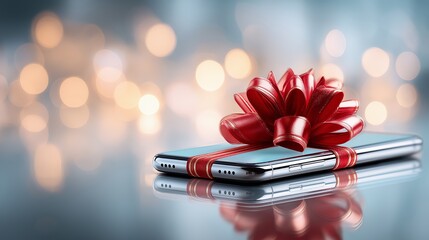 Modern glossy smartphone wrapped with festive red bow placed in warm holiday scene creating stylish seasonal tech gift atmosphere, Generative AI