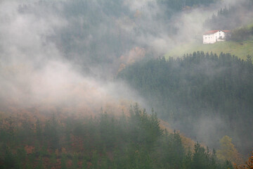 paisaje rural otoñal con niebla y bruma caserío casa entre el bosque en otoño país vasco IMG_7406-as25 © txakel