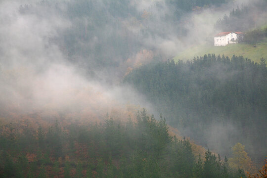 paisaje rural oto&ntilde;al con niebla y bruma caser&iacute;o casa entre el bosque en oto&ntilde;o pa&iacute;s vasco IMG_7406-as25