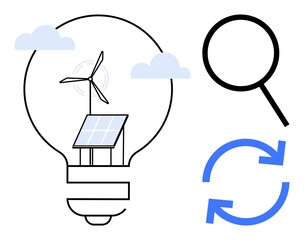 Light bulb holding wind turbine, solar panel, clouds magnifier for analysis recycling arrows for sustainability. Ideal for renewable energy, innovation, sustainability, eco-solutions, technology