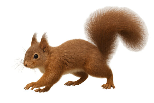 Red squirrel moving forward, exploring wild nature, fluffy animal with bushy tail on transparent background