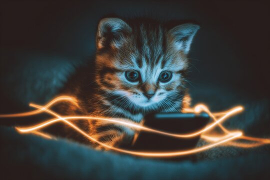 Kitten's nighttime smartphone encounter in eerie room. 5g infrastructure. The game-changing power of 5g in modern communication systems. Scared kitty. 5g remote work.