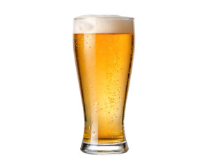 Tall glass of golden beer with foam isolated on transparent background