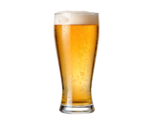 Tall glass of golden beer with foam isolated on transparent background