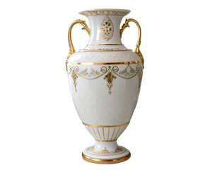 Elegant antique white ceramic vase with gold accents isolated on transparent background