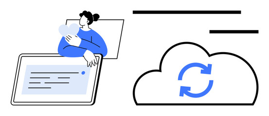 Woman embracing heart near laptop screen highlights cloud with synchronization arrows. Ideal for data backup, emotional connection, cloud services, innovation, technology, remote work, digital