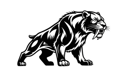 Powerful saber toothed tiger prowling with menacing expression and sharp fangs.