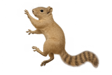 Squirrel reaching up, climbing or jumping, animal with brown fur and striped tail, isolated on transparent background