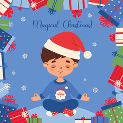 Christmas Boy in Santa Hat Meditating Card. Cute Male Character Child sitting in asana in Xmas Sweater with festive gift boxes. New Year Square Magic Poster. Vector Flat illustration. Not AI