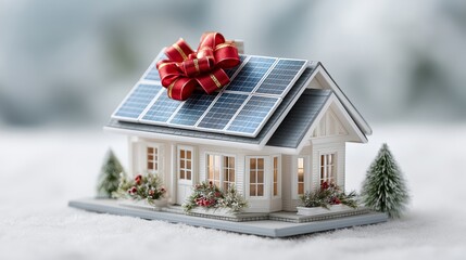 Miniature eco house with solar panels and festive ribbon symbolizing sustainable living clean energy and holiday inspiration in snowy decor, Generative AI