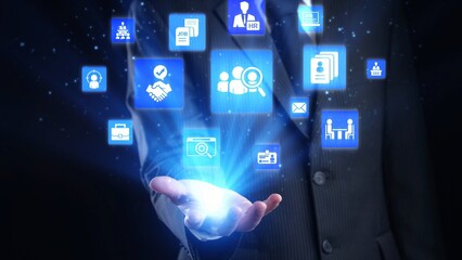 Job search icons show recruitment, HR management, and employee career growth. Job search helps organizations hire talent, job search supports skills, and job search improves workforce. Gist